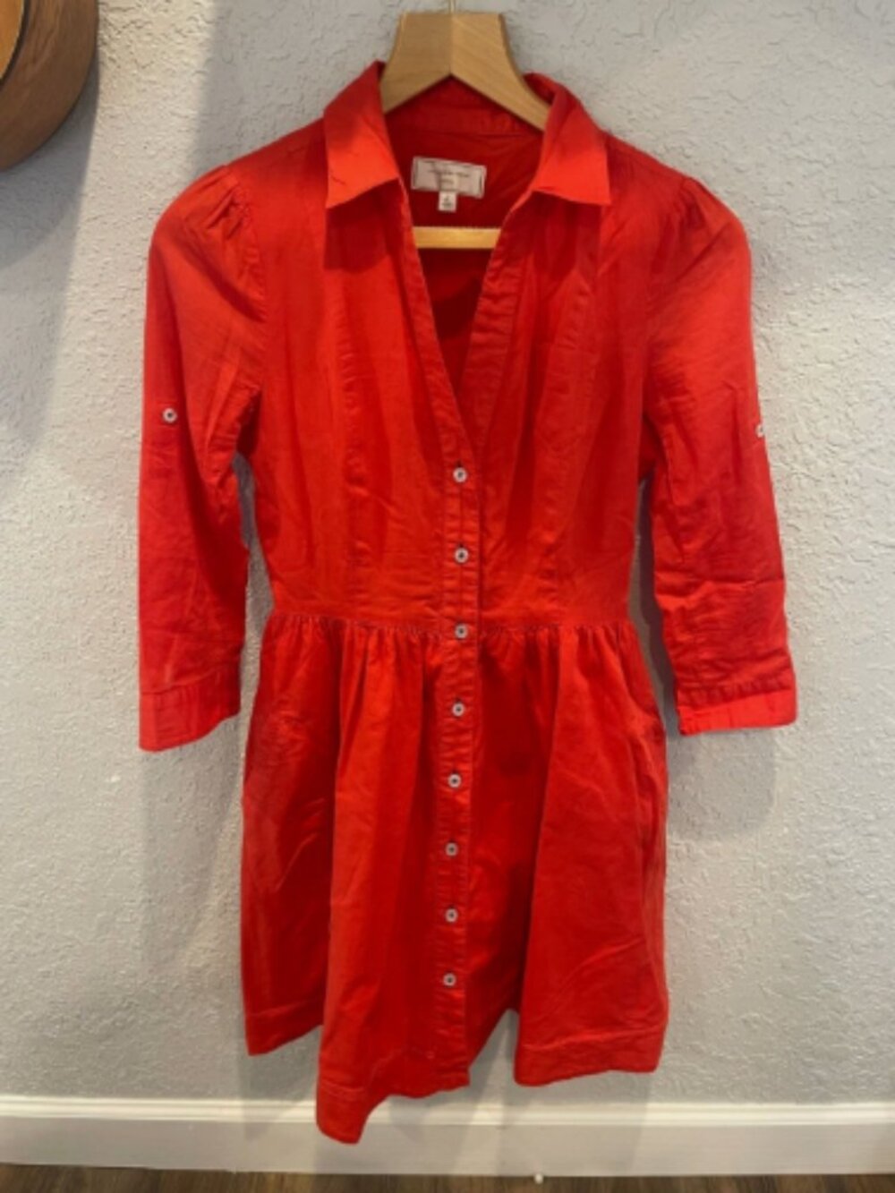 Moulinette Soeurs Anthropologie Red Cotton Shirtdress Button Front Roll Tab Sz